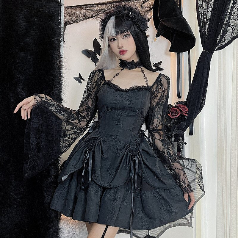 Halter Halloween Cosplay Costumes Gothic Lolita Party Dress White Black Flare Sleeve Fairy Princess Ruffle Cake Kawaii Dresses - Deanwangkt
