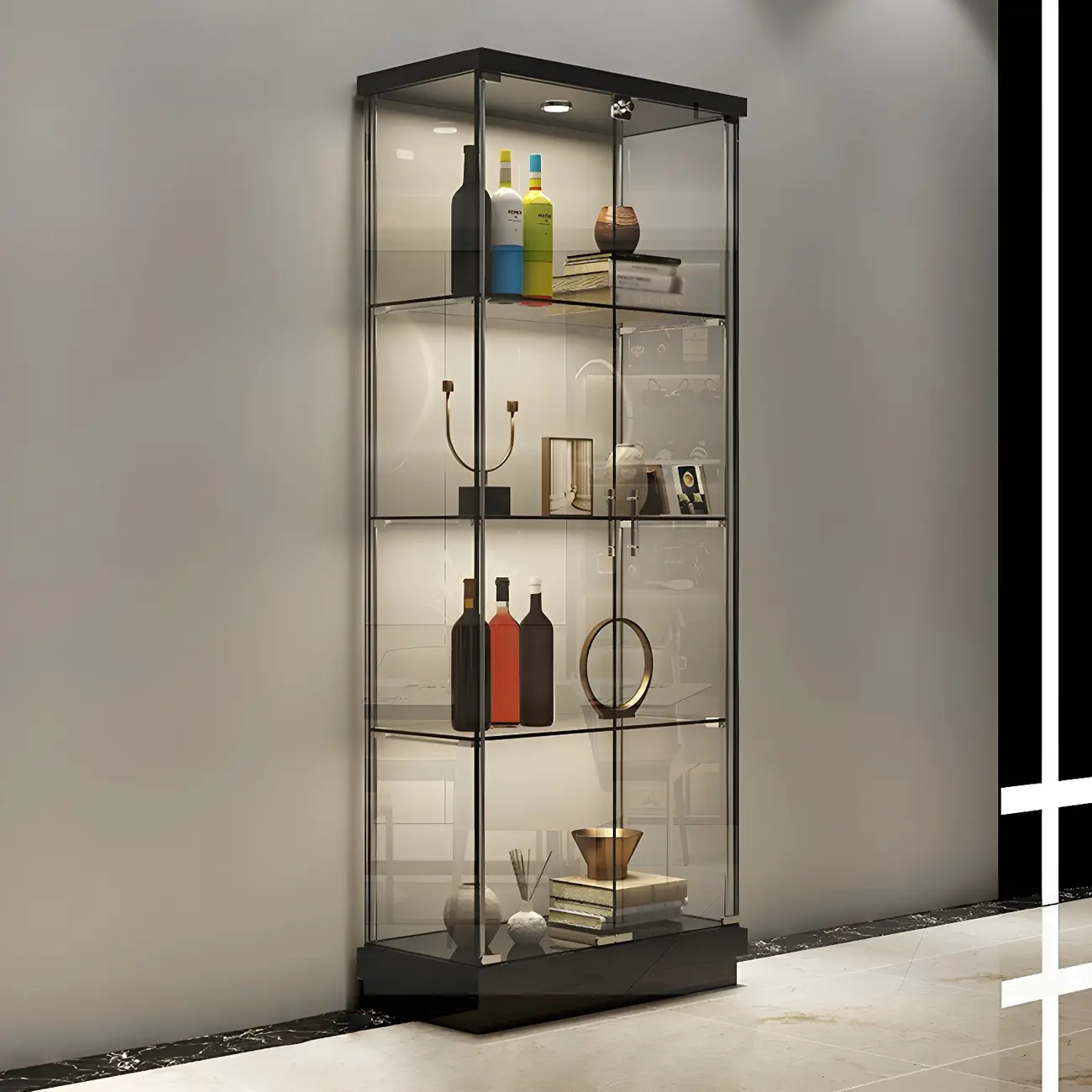 Fashion Black Clear Glass Tall Curio Cabinet with Light