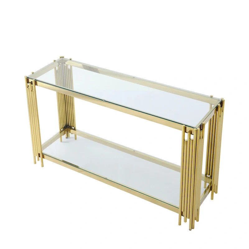 Narrow 2-tier Console Table with Gold Finished Metal Frame and Tempered Glass Top