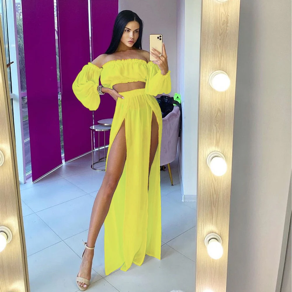 Women Mesh Sheer Bikini Cover-ups Set See-through Long Sleeve Crop Tops and Cover Up Skirts Two Piece Swimwear Beach Dresses - Deanwangkt