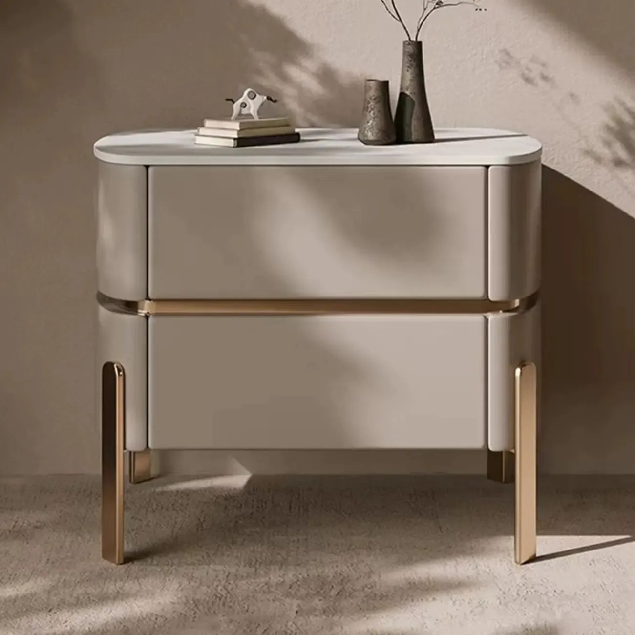 Glam Beige Leather Stone Top 2-Drawer Nightstand