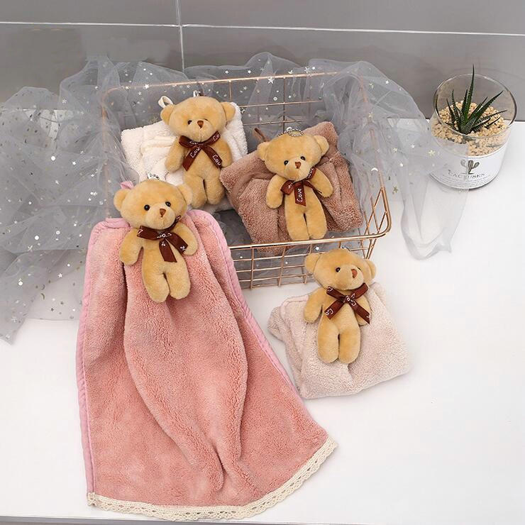 HULIANFU Quick-Dry Hand Towel Cute Bear Coral Fleece Holdable Kitchen Toilet Towel Absorbent Wipe Plush Hand Towel Bathroom Hanging Towel - Deanwangkt