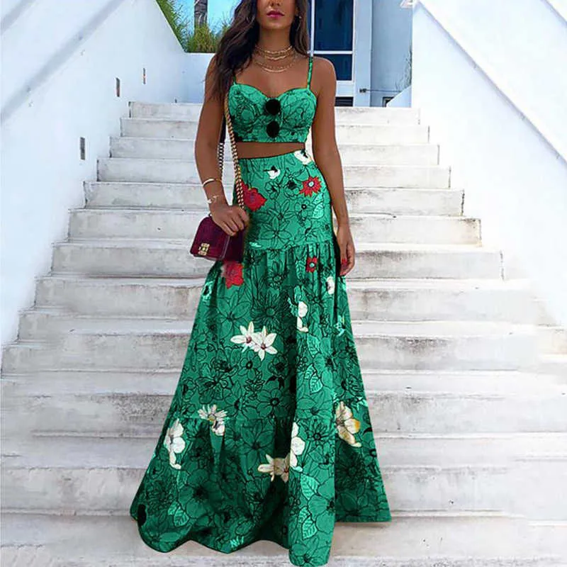 Two Piece Dress Floral Print Summer Dresses For Women  Two Piece Skirt Set Spaghetti Strap Crop Top And Maxi Long Skirt Party 2 Piece Sets T230113 - Deanwangkt