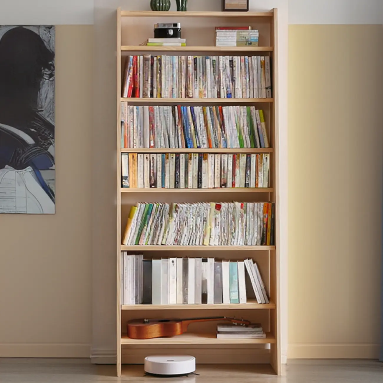 Scandinavian Natural Wood Multi-Shelf Open Bookcase