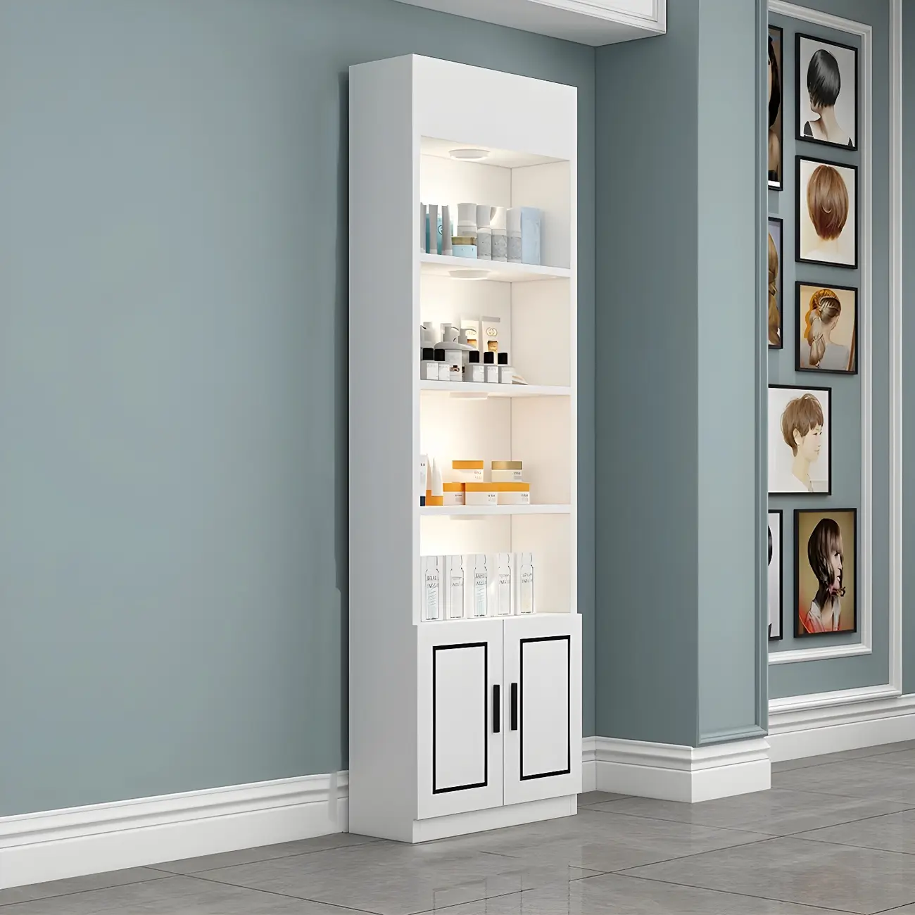 White Rectangle Large Wood Open Display Cabinet