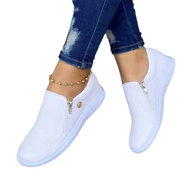 Women's Sneakers Plus Size Slip-on Sneakers White Shoes Outdoor Daily Flat Heel Round Toe Basic Casual Minimalism Walking Shoes Mesh Zipper Solid Color Black White Gold - Deanwangkt