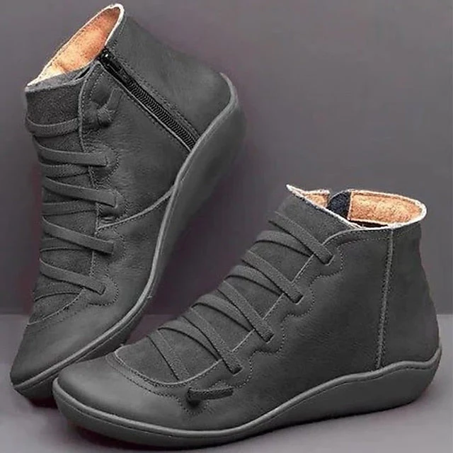 Women's Boots Comfort Shoes Plus Size Barefoot shoes Daily Booties Ankle Boots Flat Heel Round Toe Casual Minimalism Faux Leather Zipper Solid Color Solid Colored Red Blue Brown - Deanwangkt
