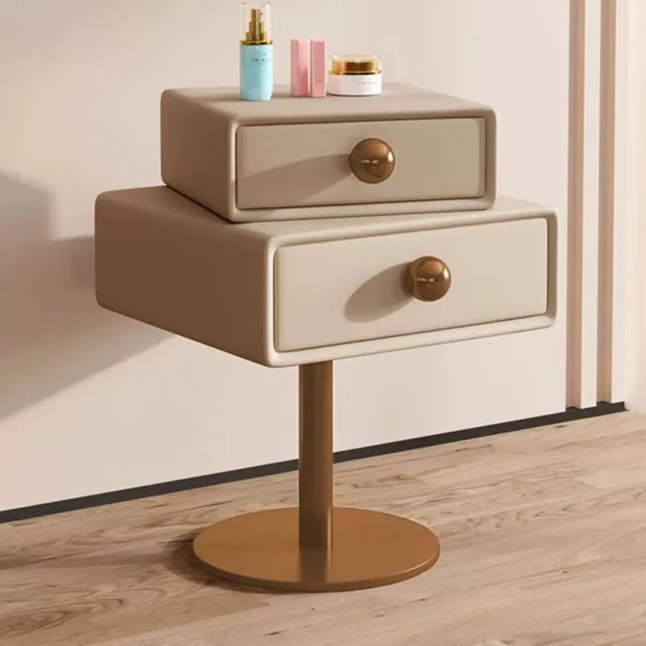 Modern Metal Faux Leather Swivel 2-Drawer Nightstand