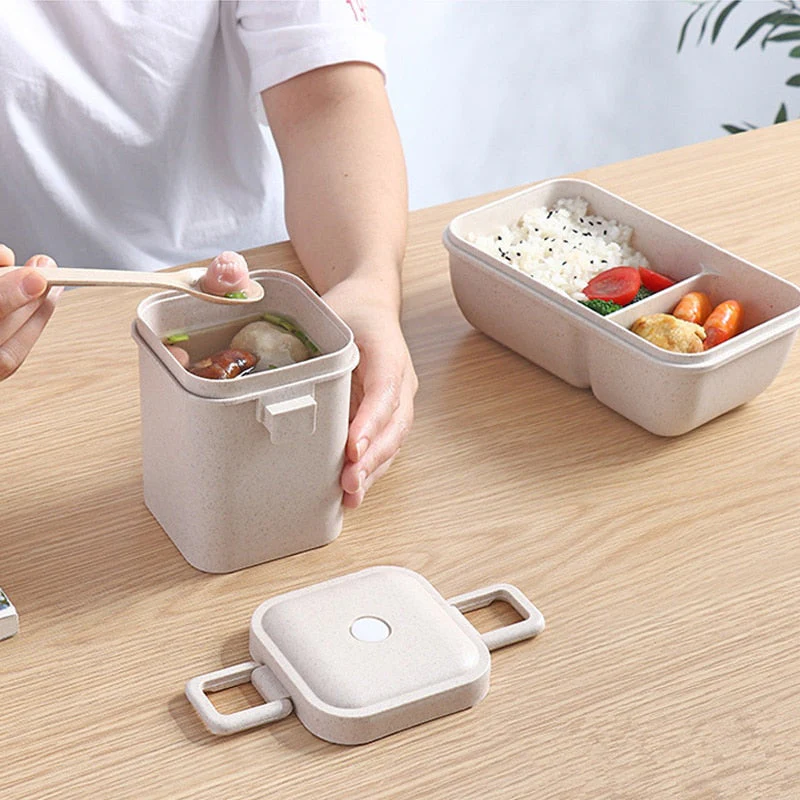 HULIANFU Wheat straw lunch box for kids plastic food storage container snacks box japanese style bento box with tableware soup cup - Deanwangkt