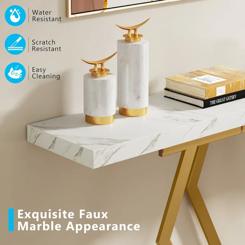 70.9 Inch Extra Long Modern Sofa Console Table with Faux Marble Tabletop Base Gold Frame for Living Room Entryway Hallway