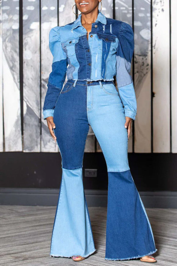 hulianfu - Blue Fashion Casual Patchwork Contrast High Waist Boot Cut Denim Jeans - Deanwangkt
