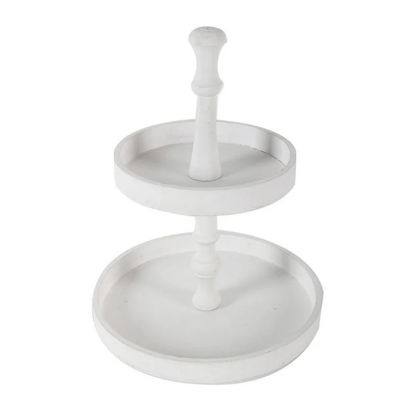 Semy 15 Inch 2 Tier Round Decorative Serving Tray, White Wood Finish