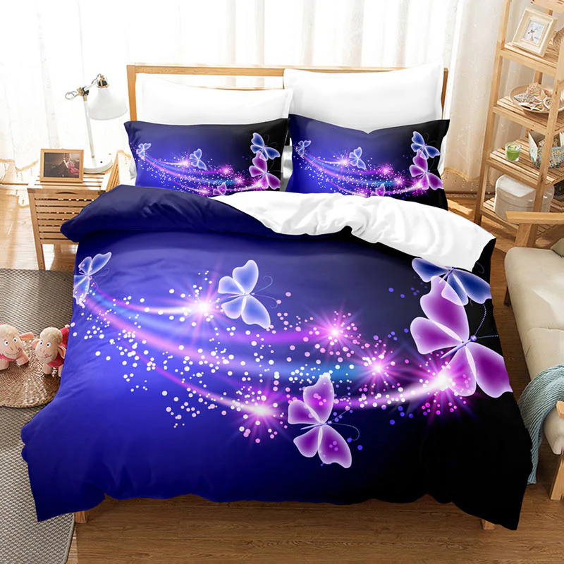 HULIANFU Purple Bedding Set Linens Duvet Cover Bed Quilt Pillow Case 3D Comforter Lavender Butterfly Double Full King Queen Twin Single - Deanwangkt