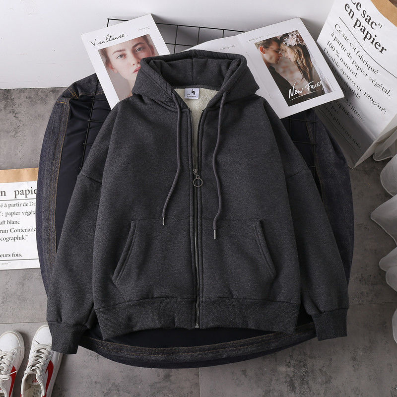 hulianfu Jacket women solid color hoodies autumn winter imitation lamb wool korean loose plus velvet thick zipper sweatshirt tops - Deanwangkt