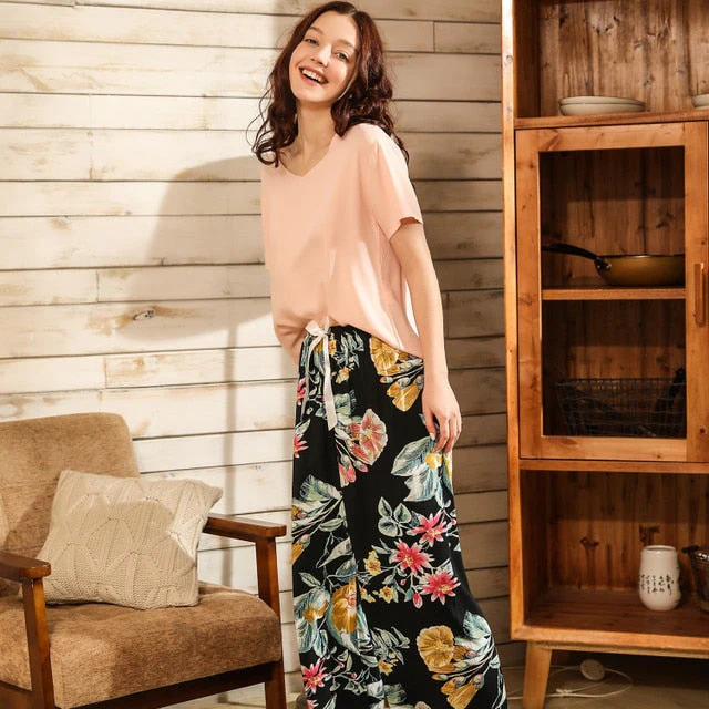 Breathable 2PCS Pajama Short Sleeve Printed Pijama Mujer Femme Loose Nightwear Suit Female Casual Homewear Pajama Set For Women - Deanwangkt