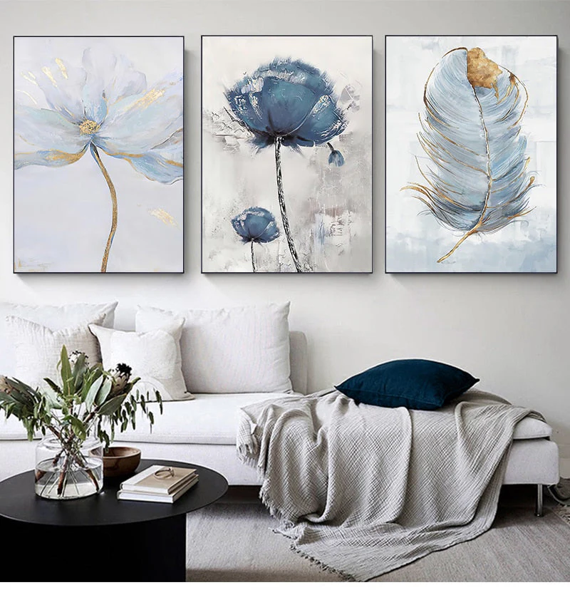 HULIANFU Scandinavian Flower Canvas Art Abstract Painting Print Feather Decoration Picture for Living Room Nordic Home Decor Wall Poster - Deanwangkt