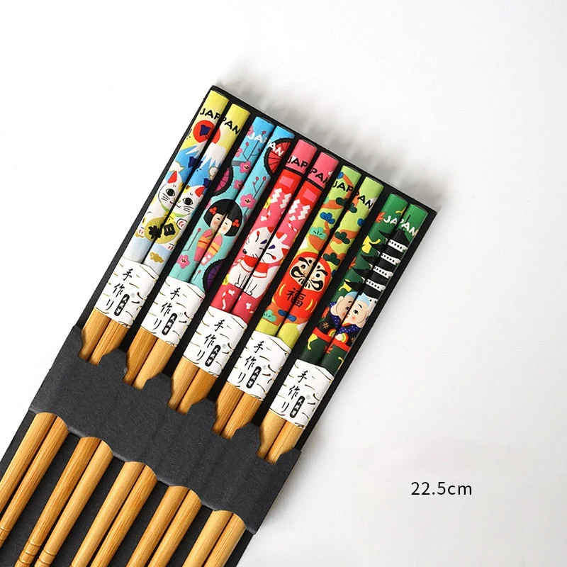 HULIANFU Reusable 5 Pair Set Handmade Bamboo Japanese Natural Wood Chopsticks Sushi Food Cat Flower Multi color Wooden Chop sticks - Deanwangkt