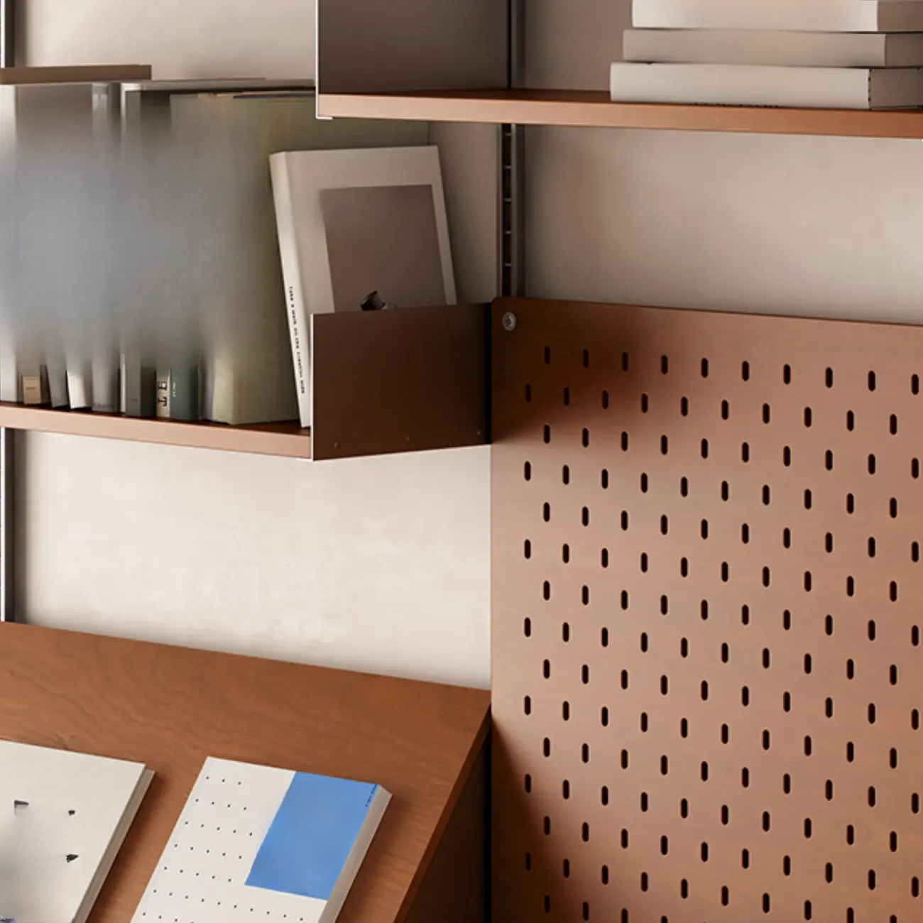 Mid-Century Modern Modular Wall Shelving System Walnut Bookshelf with Pegboard