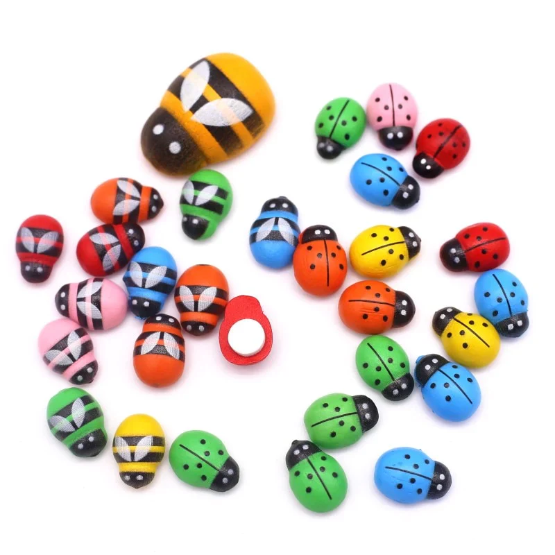 HULIANFU MINI Wood Bee Ladybug Colorful with Glue Home Refrigerator Wall Decoration DIY Handmade Child Gift Party Accessories 50/100pcs - Deanwangkt