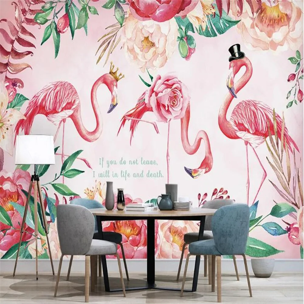 HULIANFU milofi factory custom wallpaper mural 3d nordic flamingo flower plant background wallpaper mural - Deanwangkt