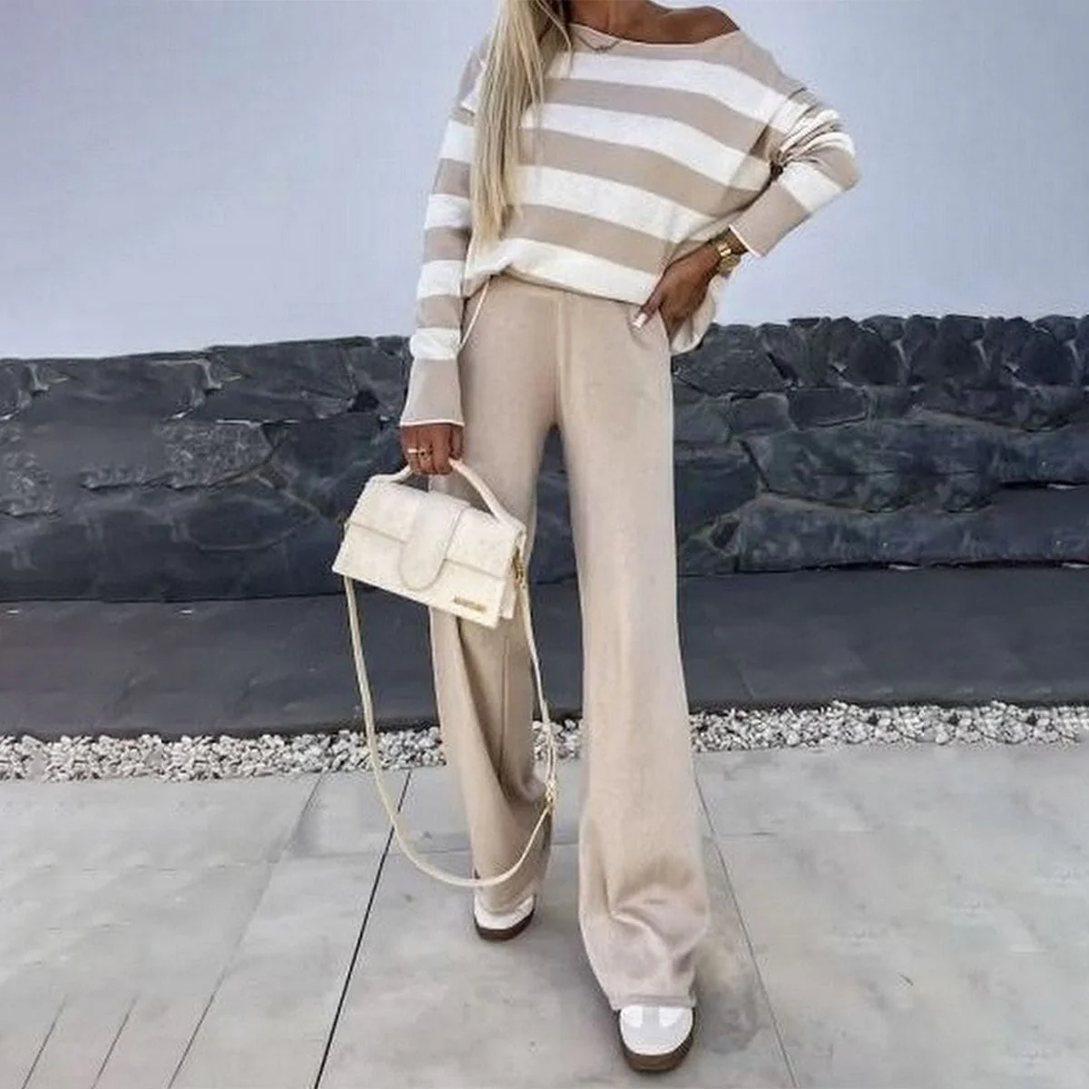 Cozy Striped Print Long Sleeve Two Piece Set