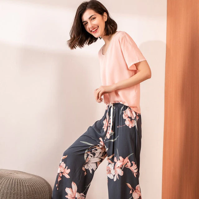 Breathable 2PCS Pajama Short Sleeve Printed Pijama Mujer Femme Loose Nightwear Suit Female Casual Homewear Pajama Set For Women - Deanwangkt