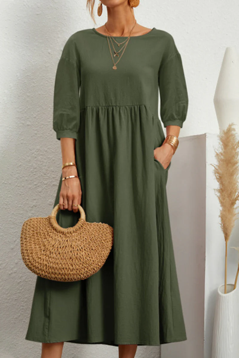 hulianfu Casual Solid Solid Color O Neck A Line Dresses(11 Colors) - Deanwangkt