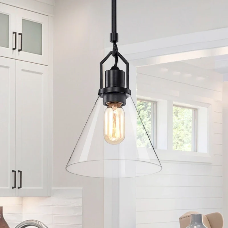 Matte Black 1-Light Mini Pendant with Clear Cone Glass Shade