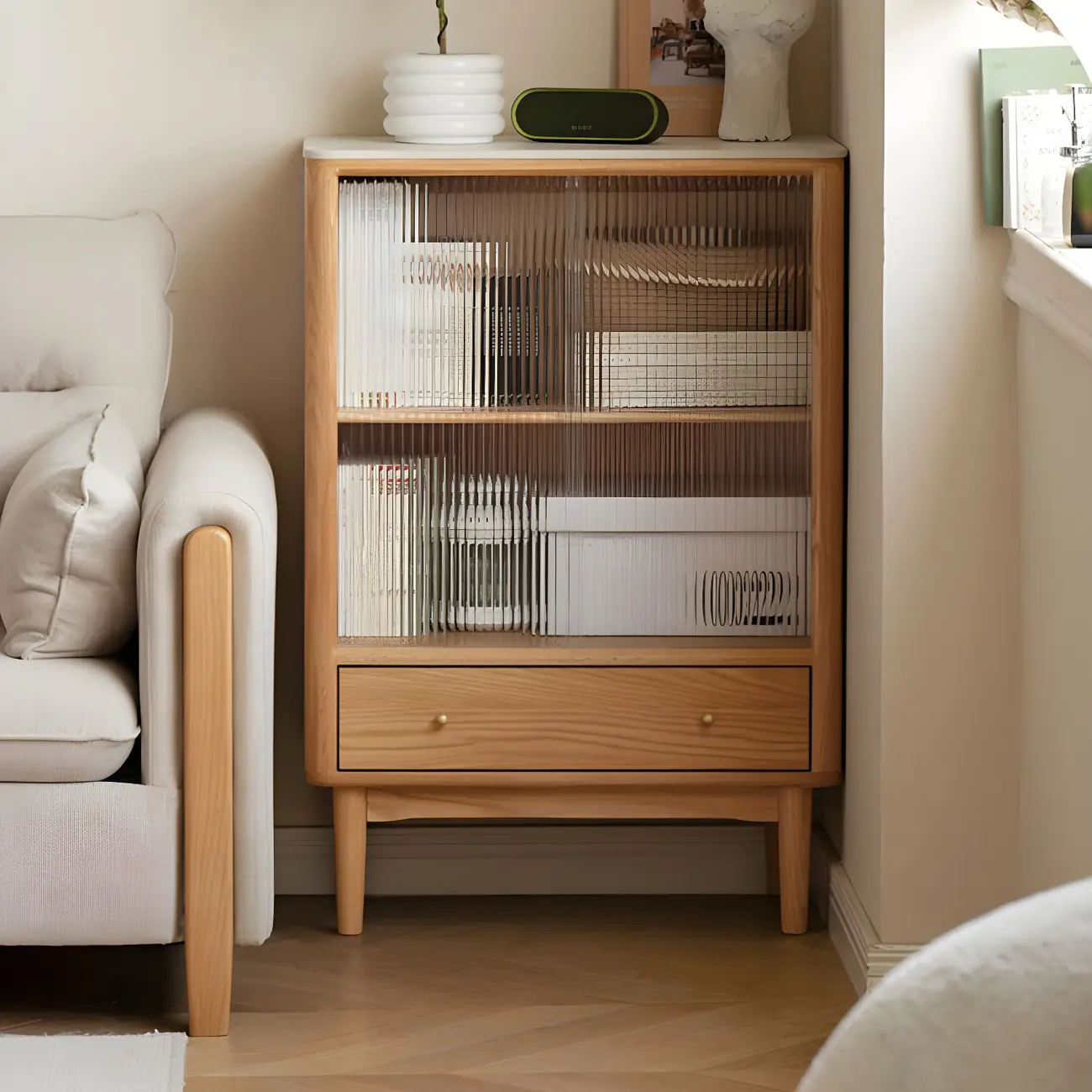 Natural Light Wood Glass Door Display Cabinet with Storage