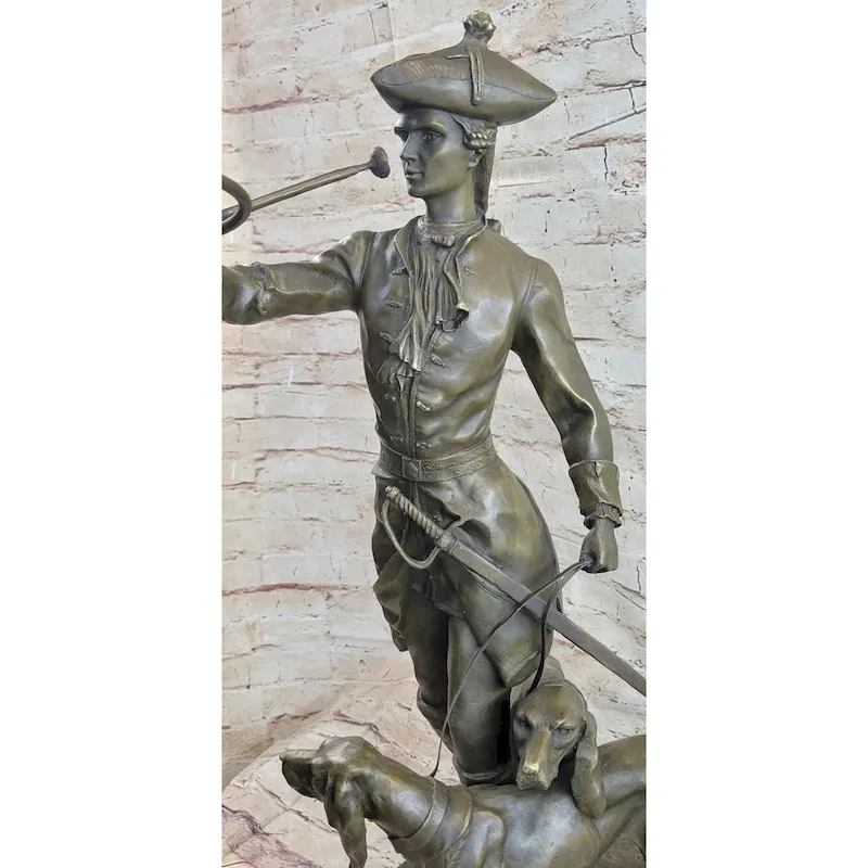 Military Bugler With Hound Imitative Dogs Bronze Statue Sculpture On Marble Base 26 Inches X 19 Inches