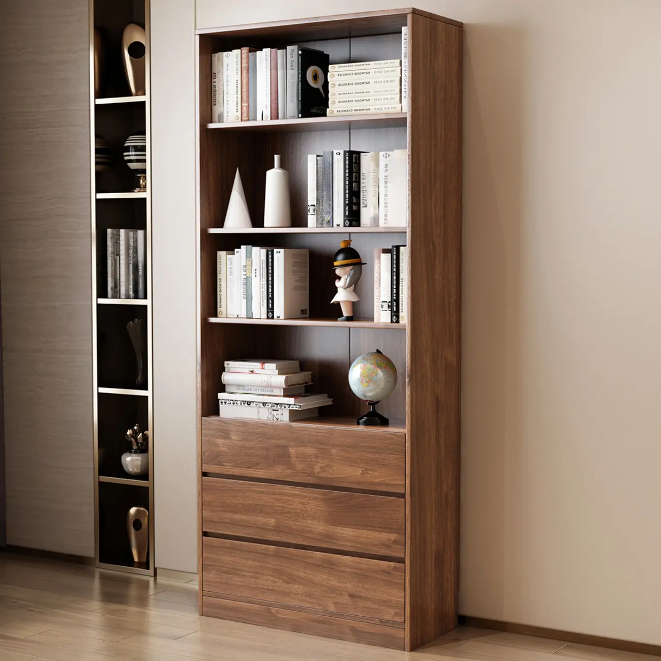 Traditional Brown Pecan Wood Bookcase with Drawers