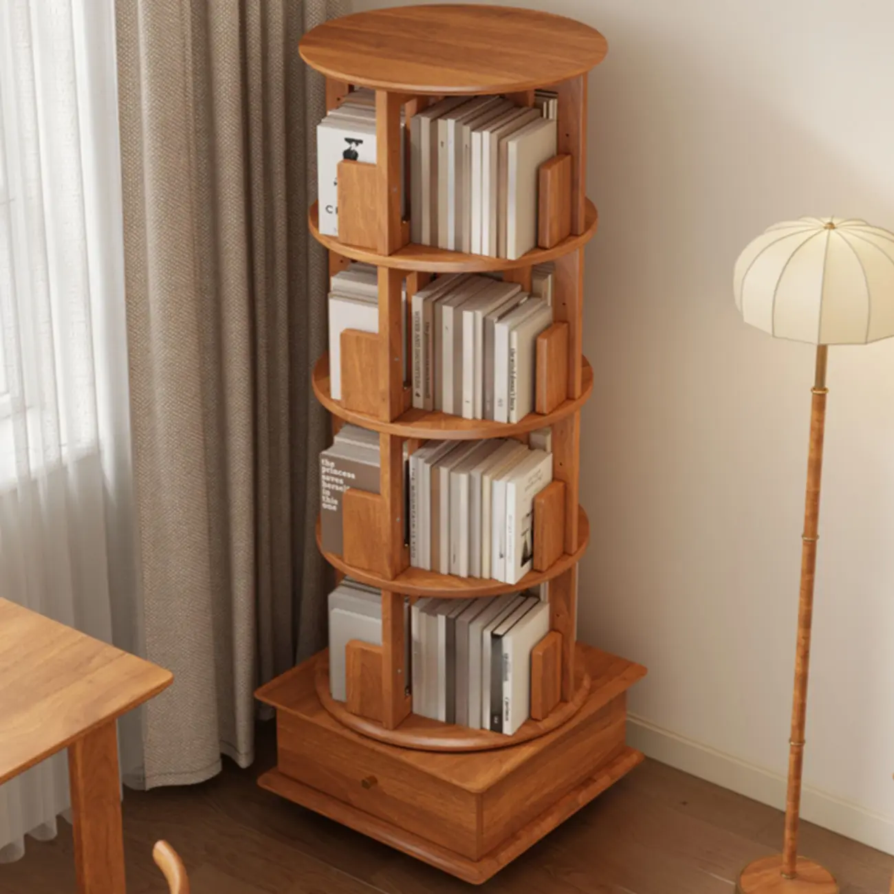 Swivel Rubberwood Vertical Open Back Bookcase with Drawer