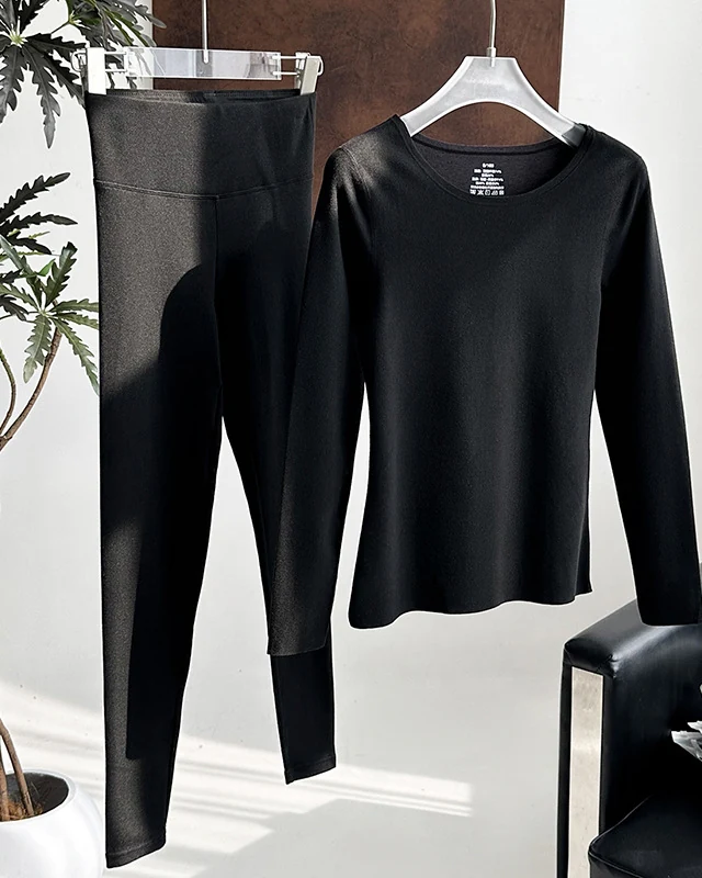 silk cashmere protein blend women's thermal underwear set, double-sided brushed stretchy base layer for autumn and winter