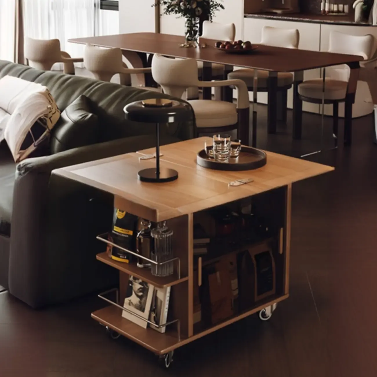 Elegant White Multi-function Wooden Wheel Side Table