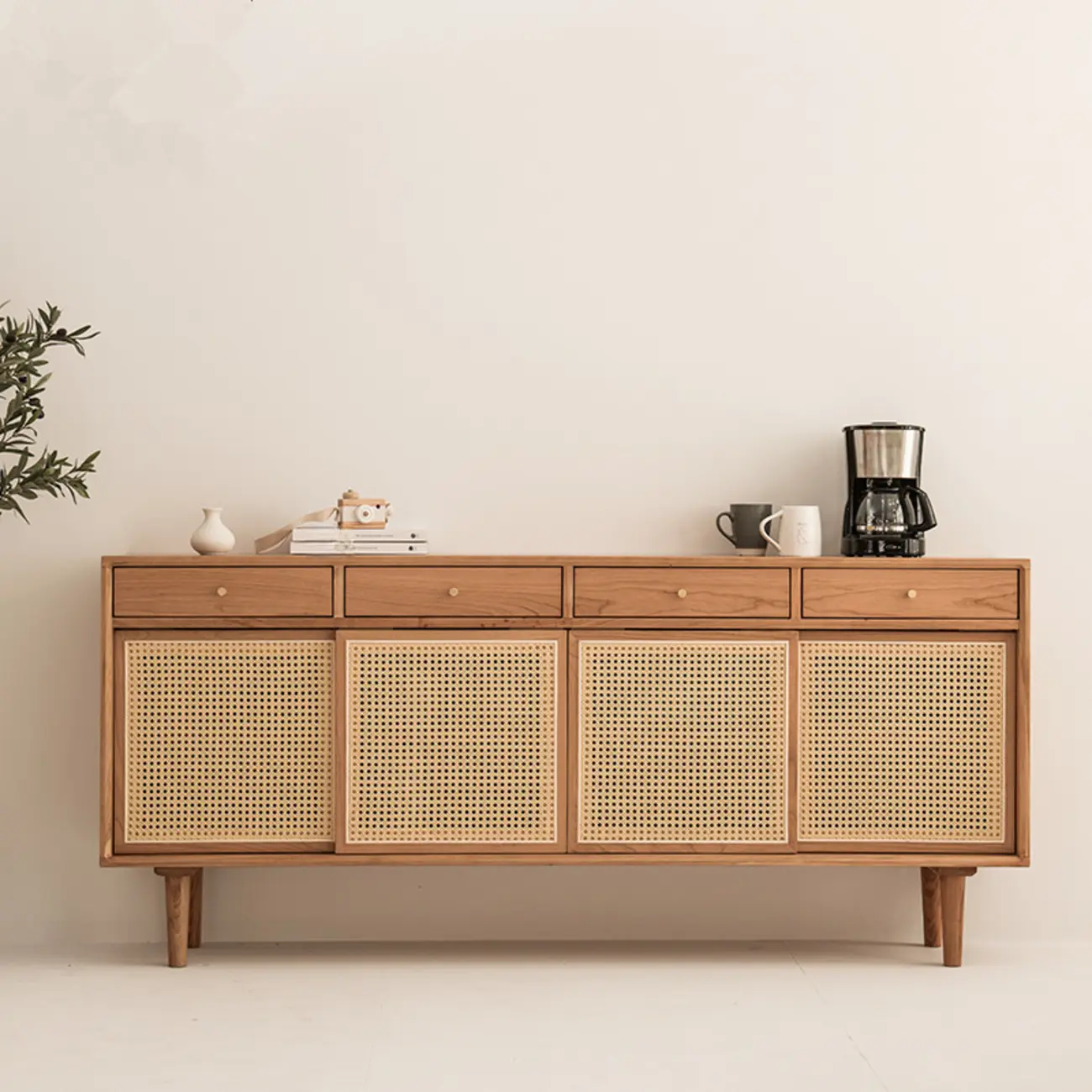 Scandinavian Natutal Wood Rattan Sideboard with Drawers