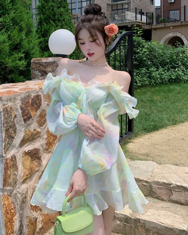 Hulianfu France Sweet Tie-dyed Fairy Dress Women Elegant Chic Ruffles V-Neck Long Sleeve Princess Dresses Female Casual Beach Vestidos - Deanwangkt