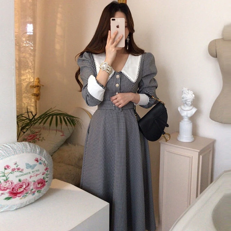Hulianfu Vintage Lace Plaid Chic Puff Sleeve Woman Dresses Women Korean Temperament Office Lady Lapel Robe Slim Waist Long Sleeve Dress - Deanwangkt