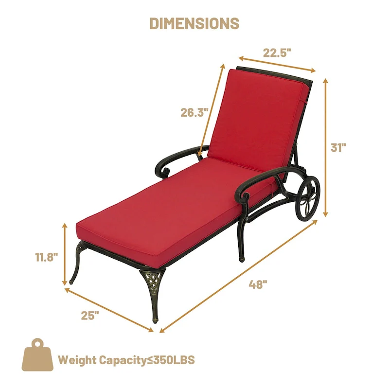Clihome Cast Alum Folding Reclining Patio Chaise Lounge with Red Cushion
