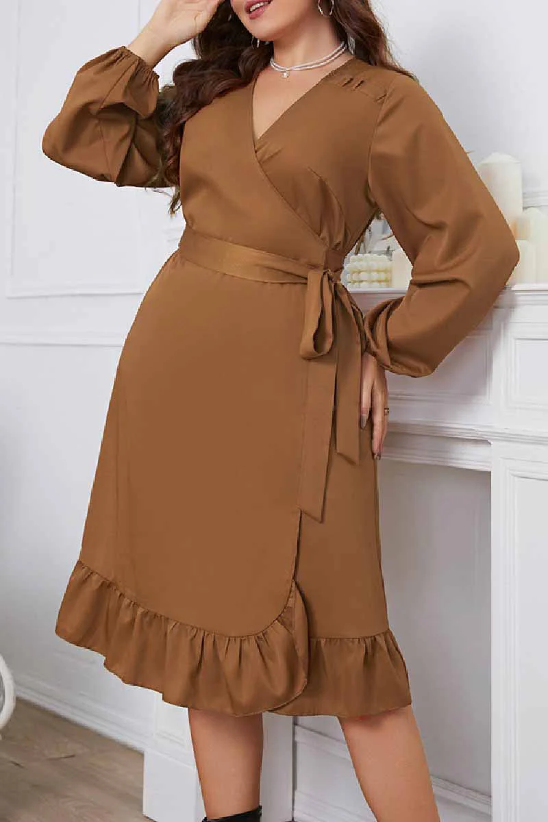 hulianfu Casual Solid Frenulum V Neck Long Sleeve Plus Size Dresses - Deanwangkt