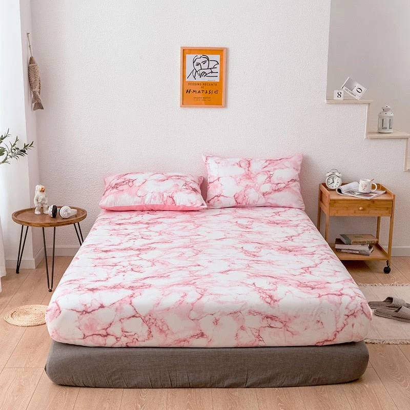 HULIANFU Nordic Mirco Fiber Marble Print Fitted Bed Sheet Single Elastic Band Double Bed Linen Home Soft Comfortable King Size Bedsheet - Deanwangkt