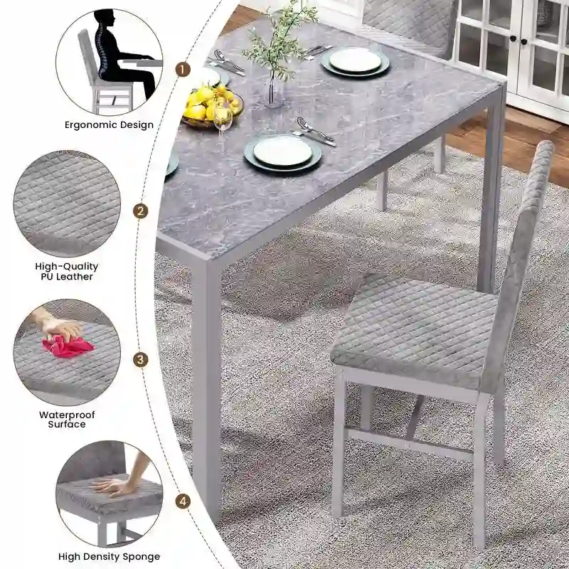 Grondin Modern Style 5-Piece Dining Room Table Set with Tempered Glass Tabletop and 4 Diamond Stitching PU Leather Dining Chairs