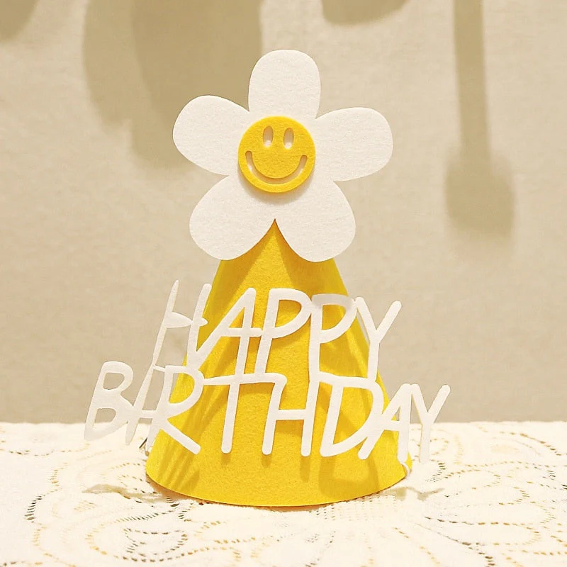 HULIANFU ins Kids Yellow Flower Birthday Hat Little Daisy Party Hat Baby Shower Headwear White Happy Birthday Smile Headband - Deanwangkt