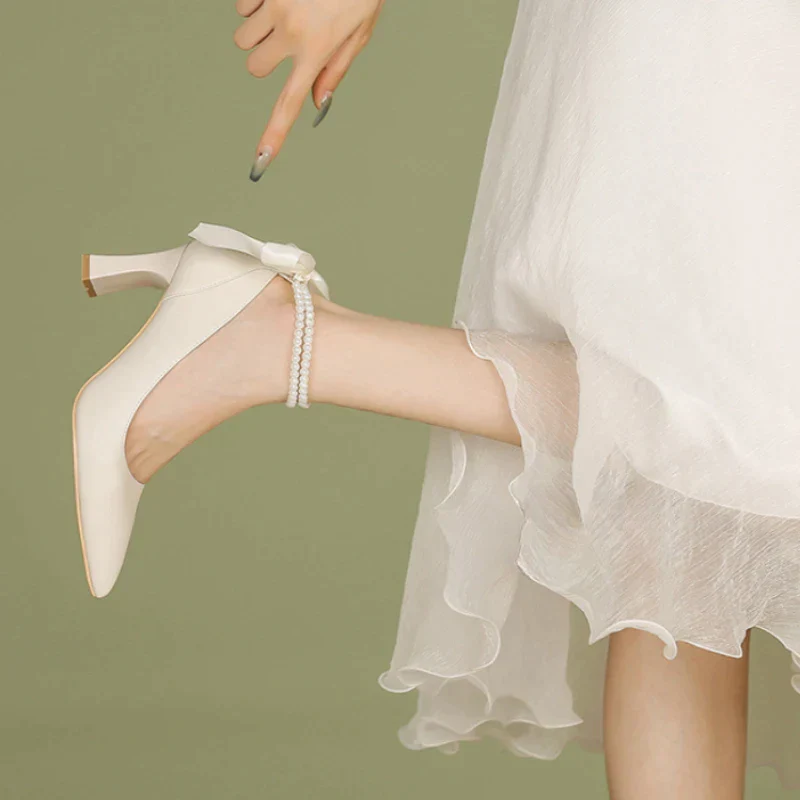 Shoes for Woman  Pumps High Heels Women's Summer Footwear on Heeled Moccasins with Straps Chunky Bow Bride Block Heel Young - Deanwangkt