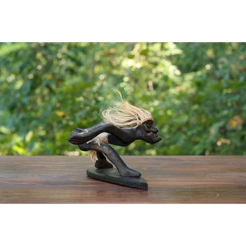 Handmade Wooden Primitive Tribal Funny Statue Surfing Sculpture Tiki Bar Figurine Hand Carved Surf