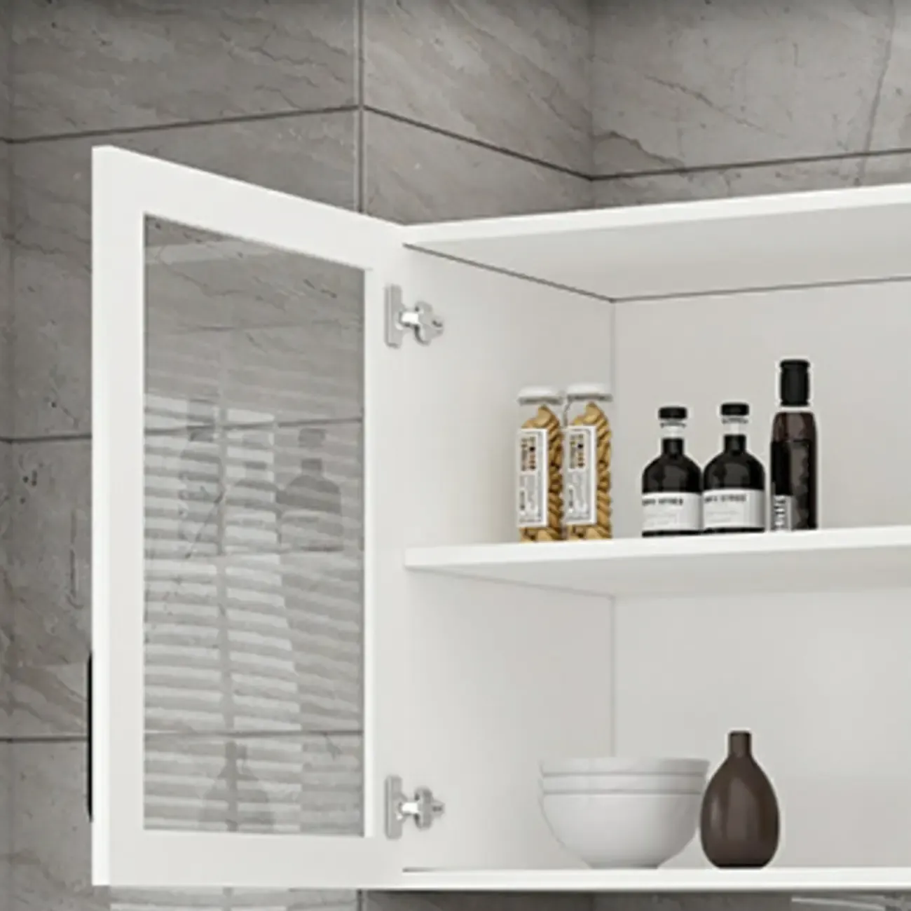 Kitchen Floating White Wood Glass Enclosed Display Cabinet