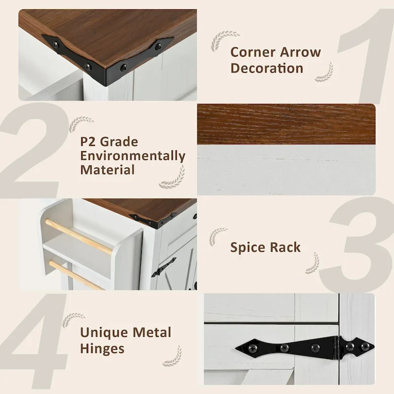 53.5FarmhouseKitchenIslandwithPowerOutlet,DropLeaf,SpiceRack,andDrawers,MobileStorageCartwithWheels