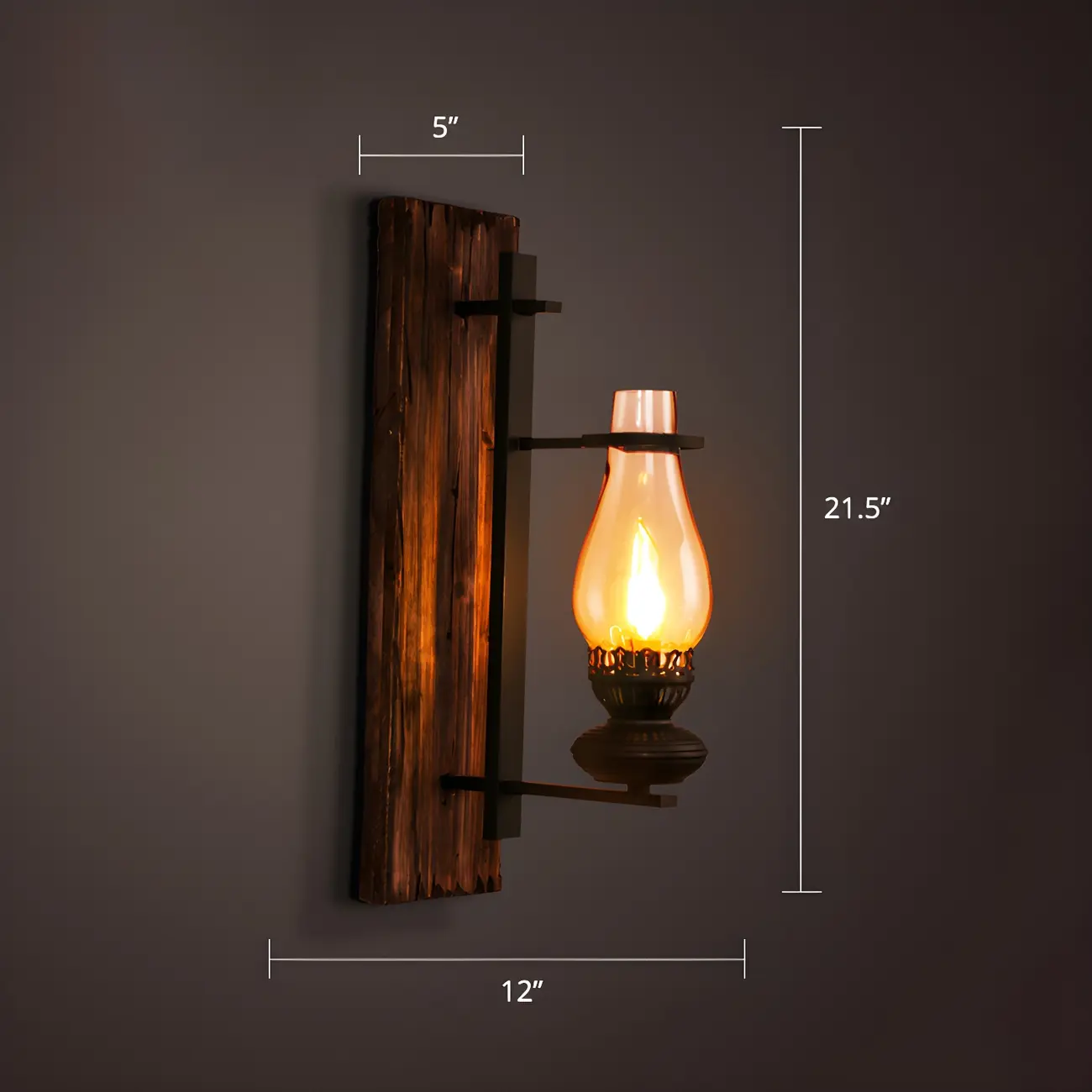 Industrial Distressed Wood Glass Black Wall Lantern Light