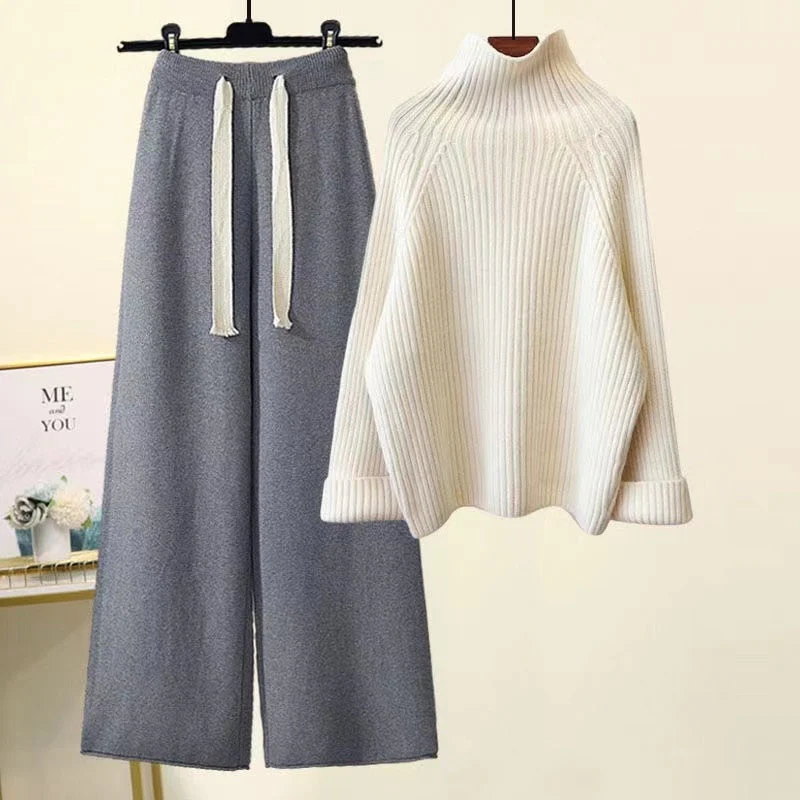 Hulianfu Autumn Winter Warm Knitted Suit Women Long Sleeve Half Turtleneck Knitting Sweater And Wide Leg Pants Sets Outer Wear Loose Set - Deanwangkt