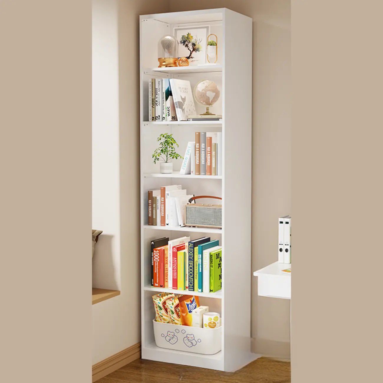 Narrow White Wooden Closed Back Tall Bookshelves