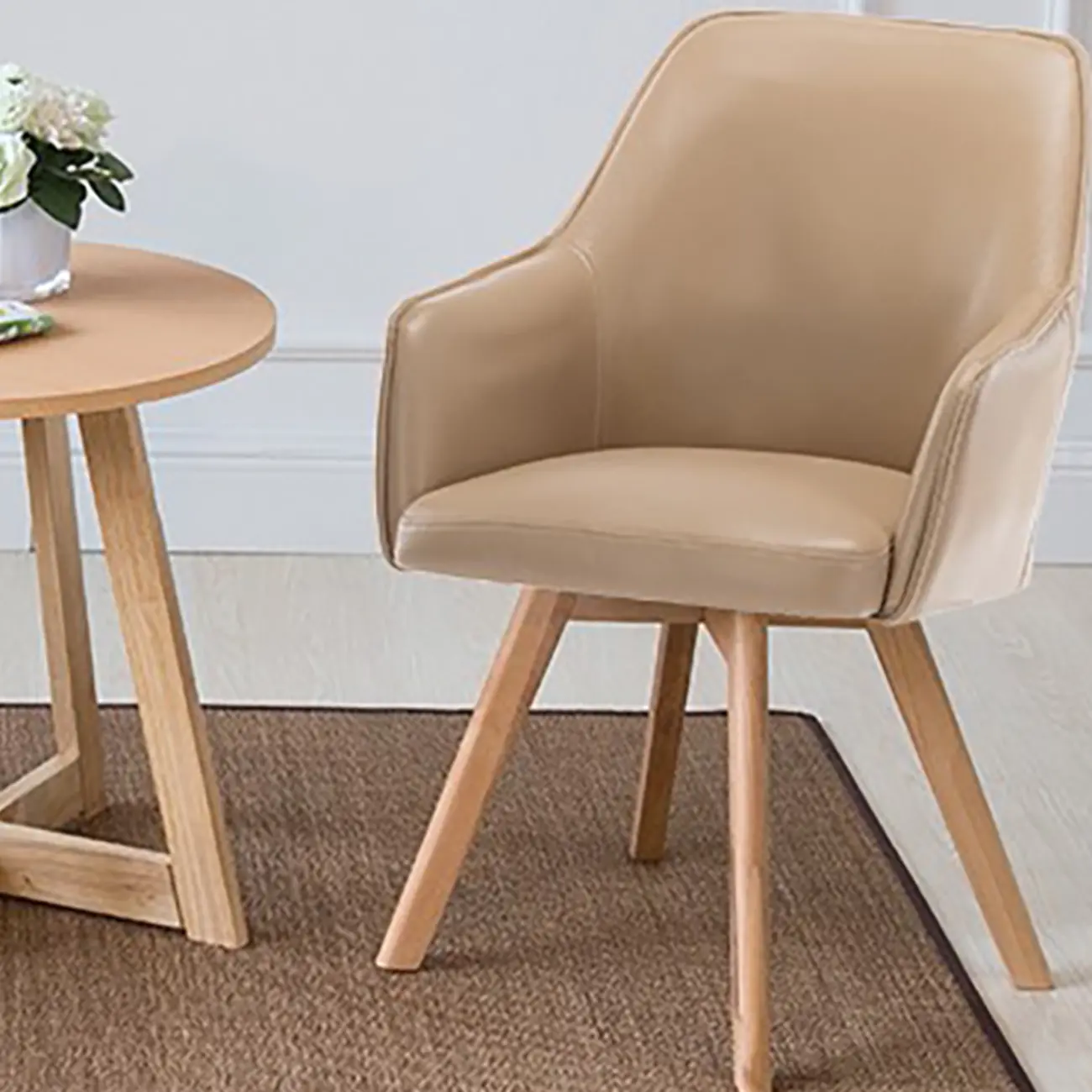 Scandinavian Leather Swivel Dining Chair with Wood Legs